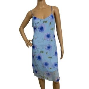 Sense Y2K Mesh Lined Blue Watercolor Abstract Floral Dress Size L